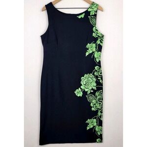 Maya Brooke Floral Midi Sheath Dress 14 Black Green Cocktail Whimsigoth Timeless